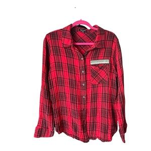 Dear John Red Plaid Button-Up With Embelished Metallic Chest Pocket L